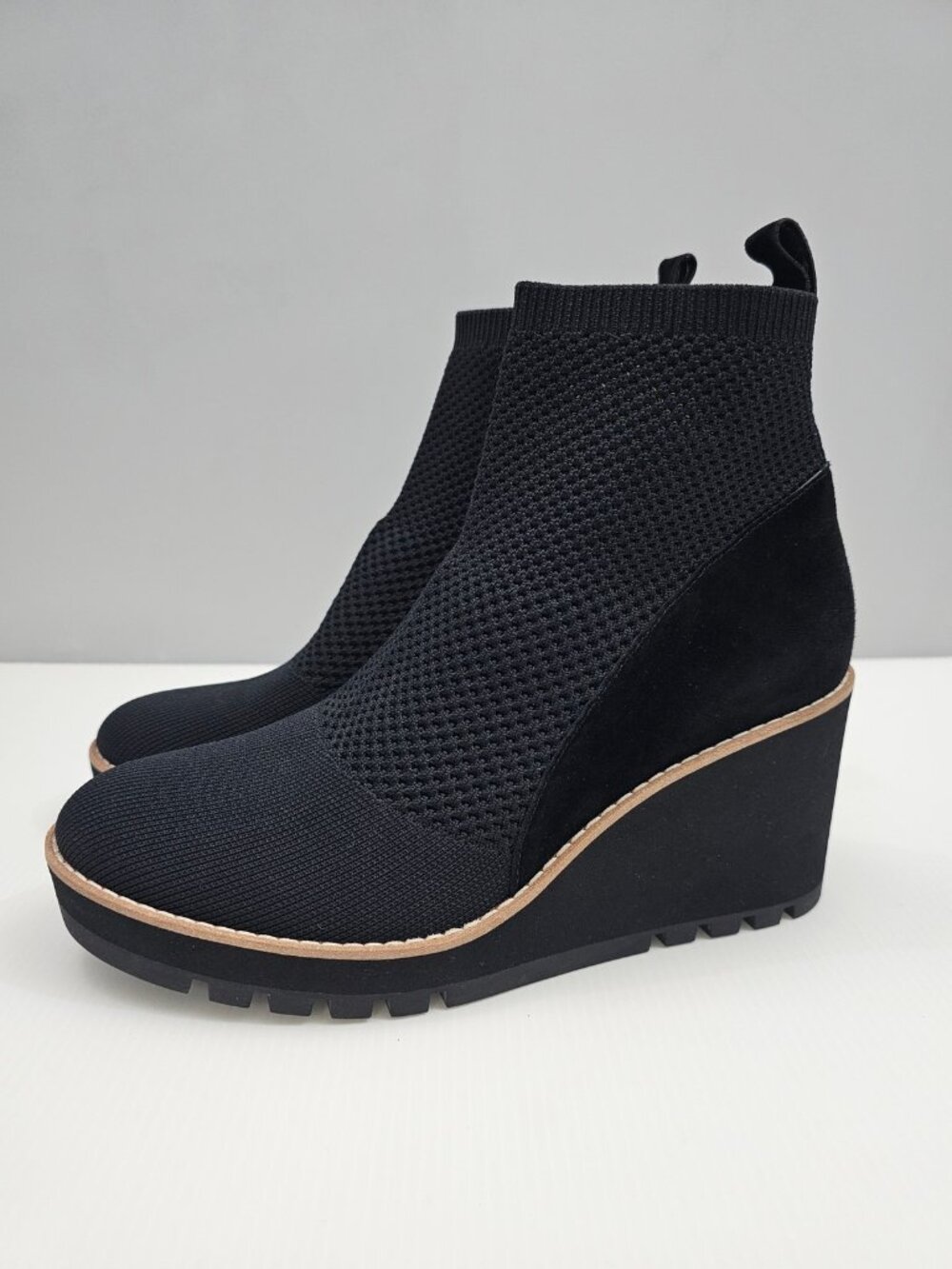 Eileen Fisher Quill Wedge Ankle Boot Womens 8.5 Black Knit Suede Platform NEW
